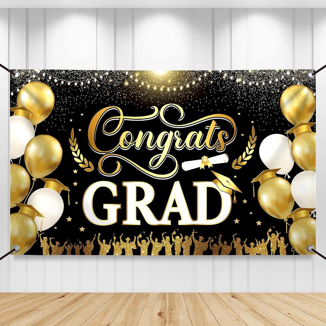 Congrats Grad Banner - 72x44 Inch, Congratulations Banner Class of 2026, Black and Gold Graduation Decorations 2026 Graduation Banner for Graduation Party Decorations, Graduation Backdrop, KatchOn