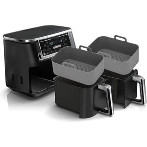 2Pcs Air Fryer Silicone Liners Rectangular for Ninja Foodi Dual DZ201 8QT/DZ090 6QT/Ninja DoubleStack SL201 8QT, MMH Reusable Airfryer Pot Baking Basket | Non-stick | Easy Cleaning | Food Safe | Gray (6-8 Quarts)