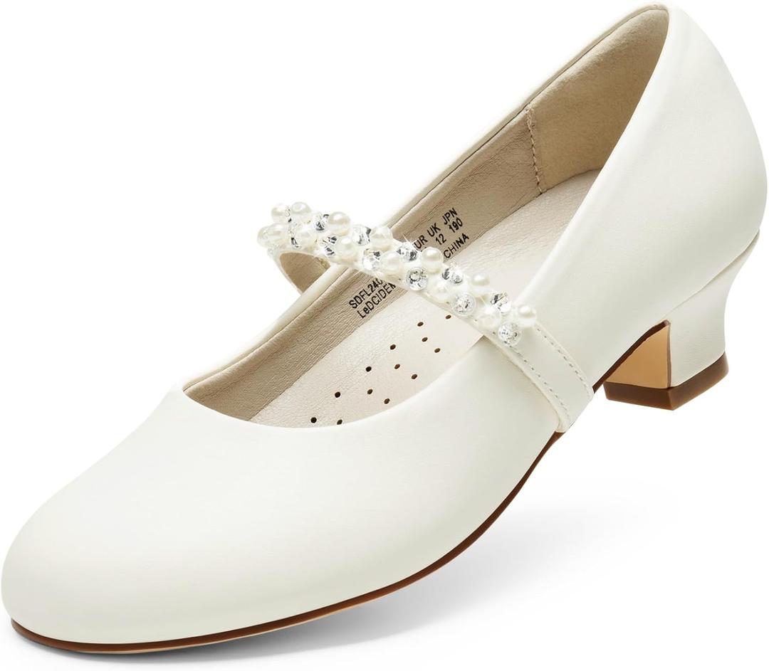 DREAM PAIRS Girls Dress Shoes Low Heels for Little Big Girl Mary Jane Shoes with Pearl Rhinestones Flower Girl Pumps Princess Wedding Party (2 Little Kid)