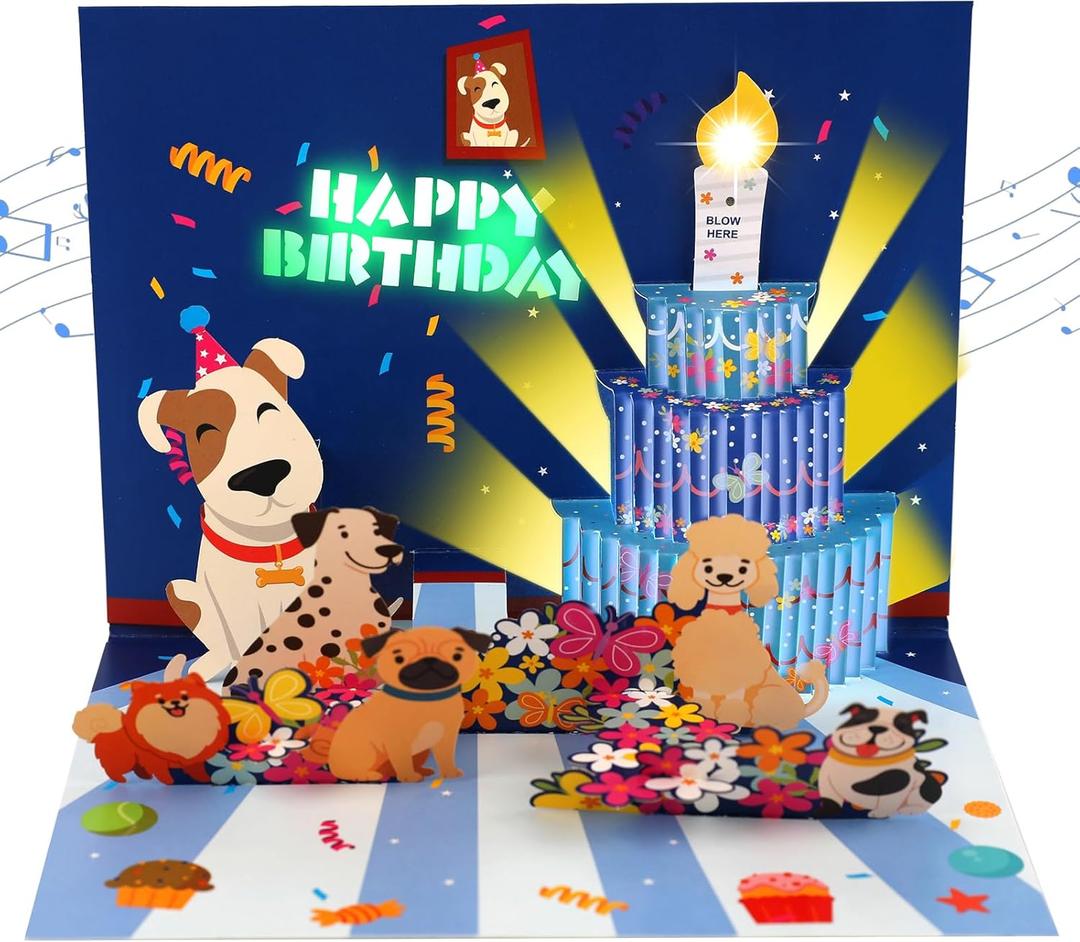 Pop Up Birthday Card, Music & Lights Birthday Card, Blow Out Candles Happy Birthday Cards, Funny Dog Birthday Cards for Boys, Girls, Men, Women, Husbands, Wife and Dog Lover