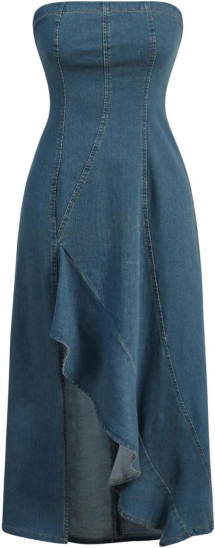 MakeMeChic Women's High Split Tube Denim Dress Sleeveless Ruffle Trim Midi A Line Dress (Medium)