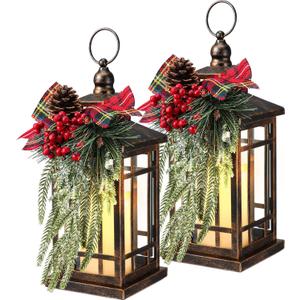 Baquler 2 Pcs Christmas Decorative Lantern LED Christmas Lantern 14" Bronze Vintage Flameless Hanging Candle Lanterns Xmas Centerpieces for Tables Indoor Outdoor Porch Decor (Black Red Plaid)