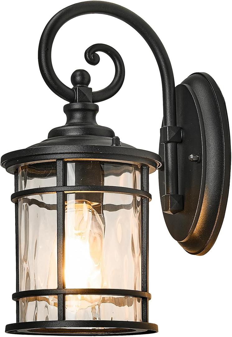 Modern Outdoor Wall Sconce Lights Exterior LightIing Fixtures with Water Ripple Glass Black Finish Die-Casting Aluminum Outdoor Porch Lights for Garden Garage Yards 15.5 Inch Height