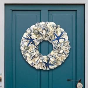 Natural Seashell Wreath w/Shells, Starfish, Pearls, Sea Snails - Spring & Summer Coastal Decor Beach House Indoor Door Wreath, 18in Dark Blue