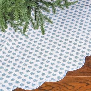 Christmas Tree Skirt Cotton Floral Block Tree Skirt in Nature Color for Home Xmas Party Seasonal Holiday Decoration Indoor Outdoor(48 Inch,Blue and White)