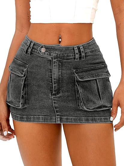 ELLEVEN High Stretchy Cargo Skirt for Women, Low Waist Y2k Mini Skirt Cute Denim Skirt with Pockets M