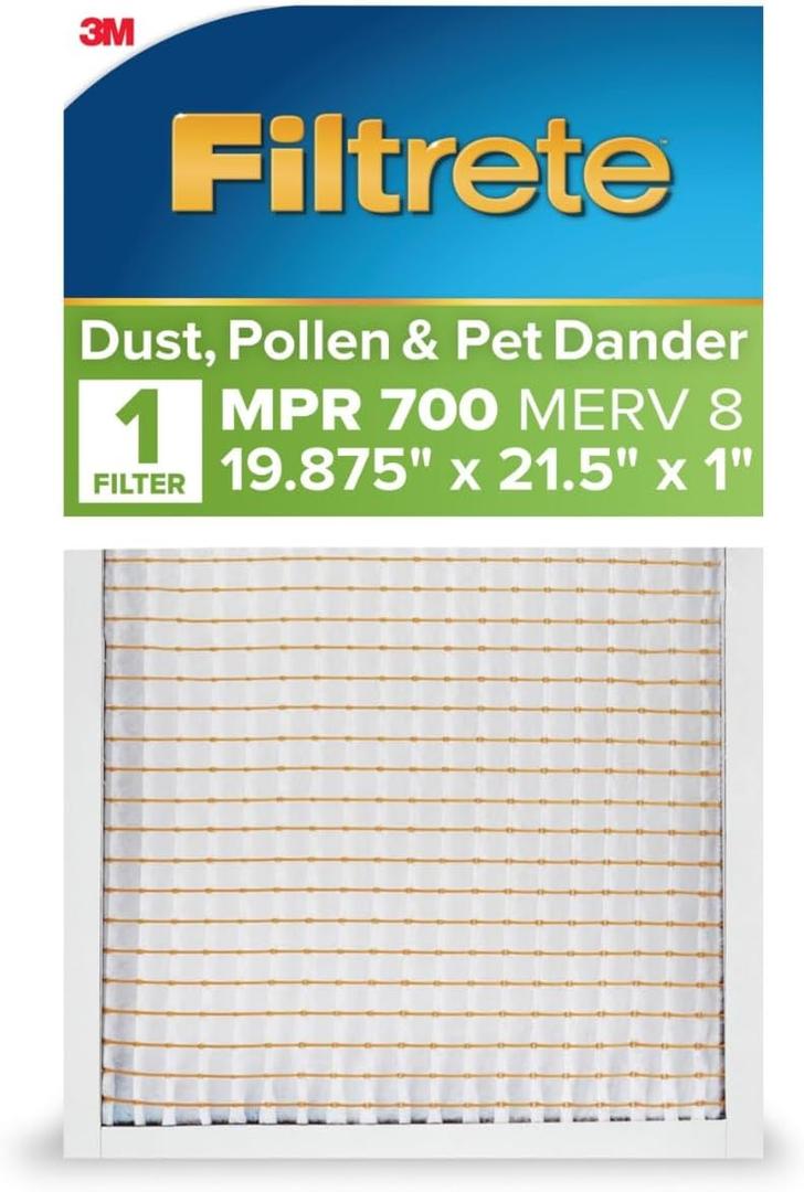 Filtrete 19.875x21.5x1 AC Furnace Air Filter, MERV 8, MPR 700, Tough on Pollen, Easy on Airflow, 3-Month Pleated 1-Inch Electrostatic Air Cleaning Filter, 4-Pack (Actual Size 19.56 x 21.19 x 0.81 in)