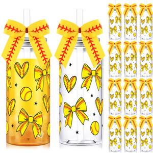 Remerry 12 Sets Softball Plastic Tumblers with Lid and Straw Bow Decorated Reusable Softball Plastic Cups Sports Party Favor for Birthday Team Party Decorations Supplies Fan Friend Birthday