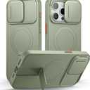 SURITCH for iPhone 15 Pro Max Case with Magnetic Camera Slide Cover and Adjustable Kickstand, Compatible with MagSafe, Shockproof Bumper Case Slim Protective Cover 6.7 Inch, Green