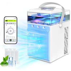 Portable Air Conditioners, 4-IN-1 Evaporative Air Cooler with App Control, 800ml Water Tank, Rechargeable Mini Air Conditioner, 3 Speeds & 3 Mist, Colorful Night Light Cooling Fan (White)