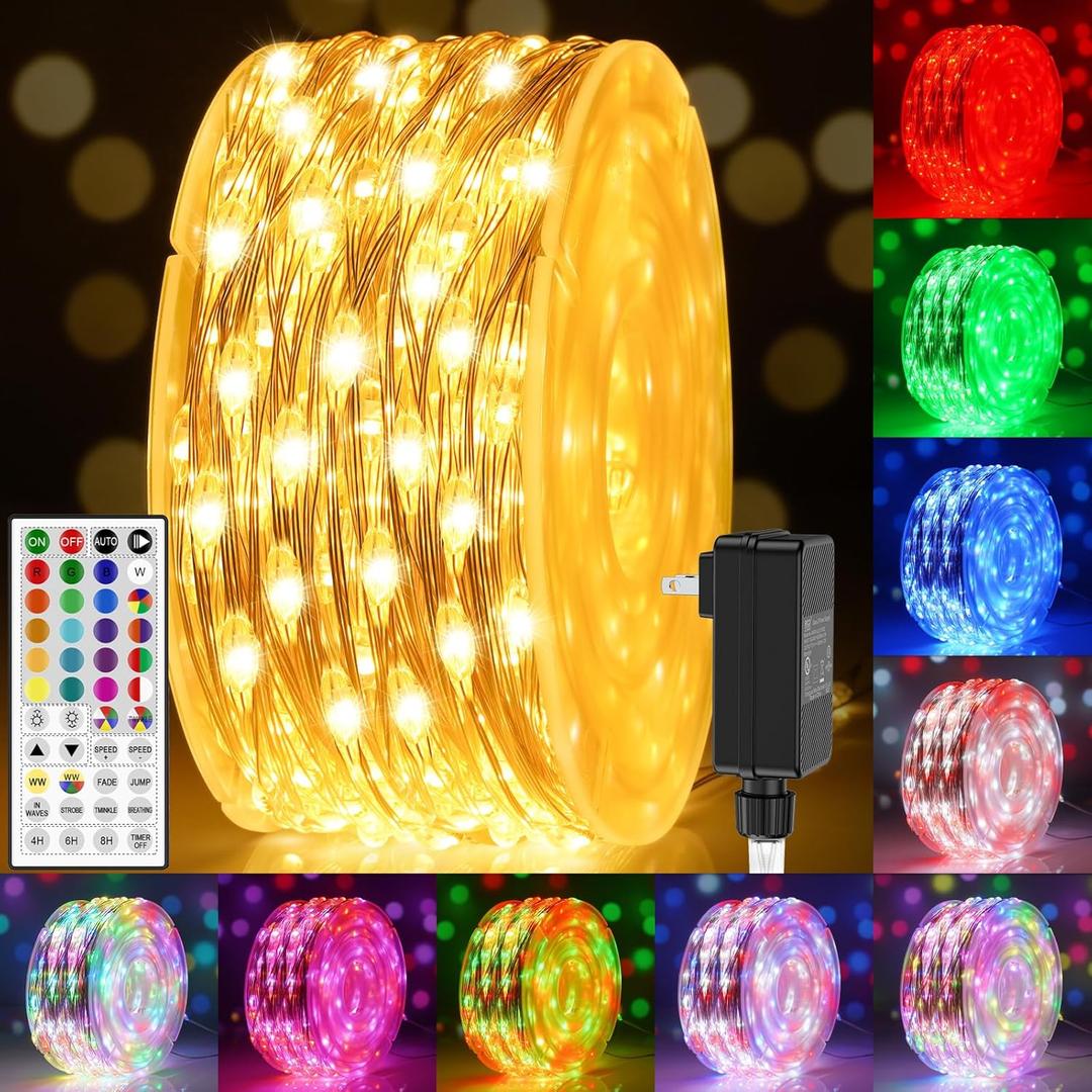 100FT 300LEDs Fairy Lights Plug in, 30V 24 RGB Colors+Warm White Color Changing Twinkle Lights, 150 Lighting Modes Timer IP44 Waterproof String Light with Remote for Indoor Outdoor Festival DIY Decor