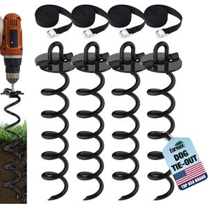 Eurmax USA 4-Pc Pack Spiral Stakes Heavy Duty Anchor Kit Ice Screw Anchor for Trampoline, Tents, tarps, Canopies,car Ports,Dog tie Out and etc Bonus Tie Down Straps 4-Pc Pack (Black)