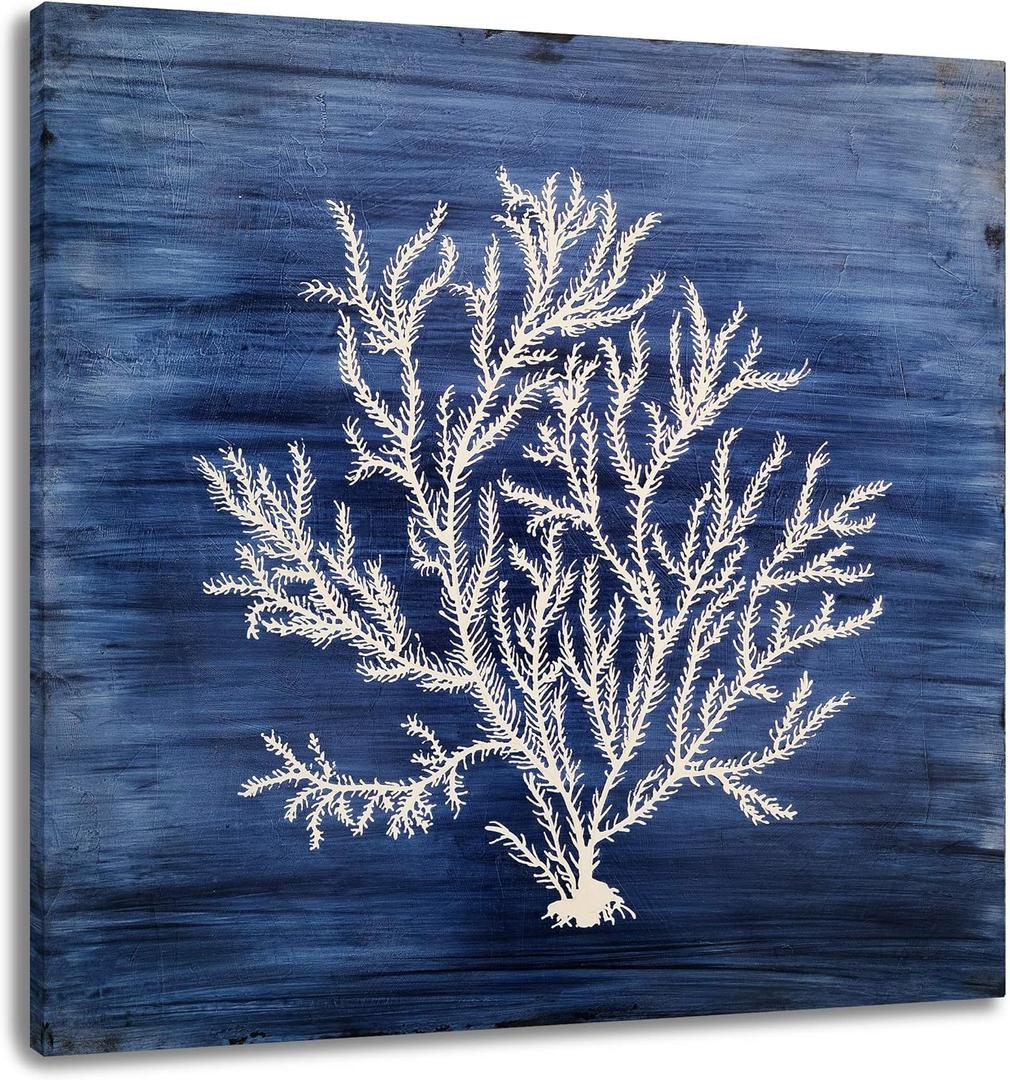 Yihui Arts Nautical Canvas Wall Art Hand Painted Navy Blue and White Coastal Painting Modern Abstract Tree Artwork for Living Room Bedroom Hall Way Decor (20L" x 20W")