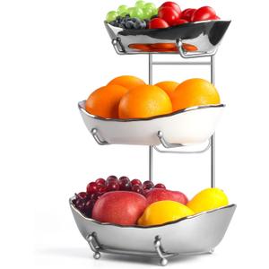 3 Tier Fruit Bowl for Kitchen Counter, White Sliver Ceramic Fruit Stand for Countertop, Home Fruit Rack with Holder, Vegetable Bowl Snacks Nuts Bread Candy Storage, Small & Cute (Sliver) (10.6"L x 7.5"W x 14.2"H, Silver)
