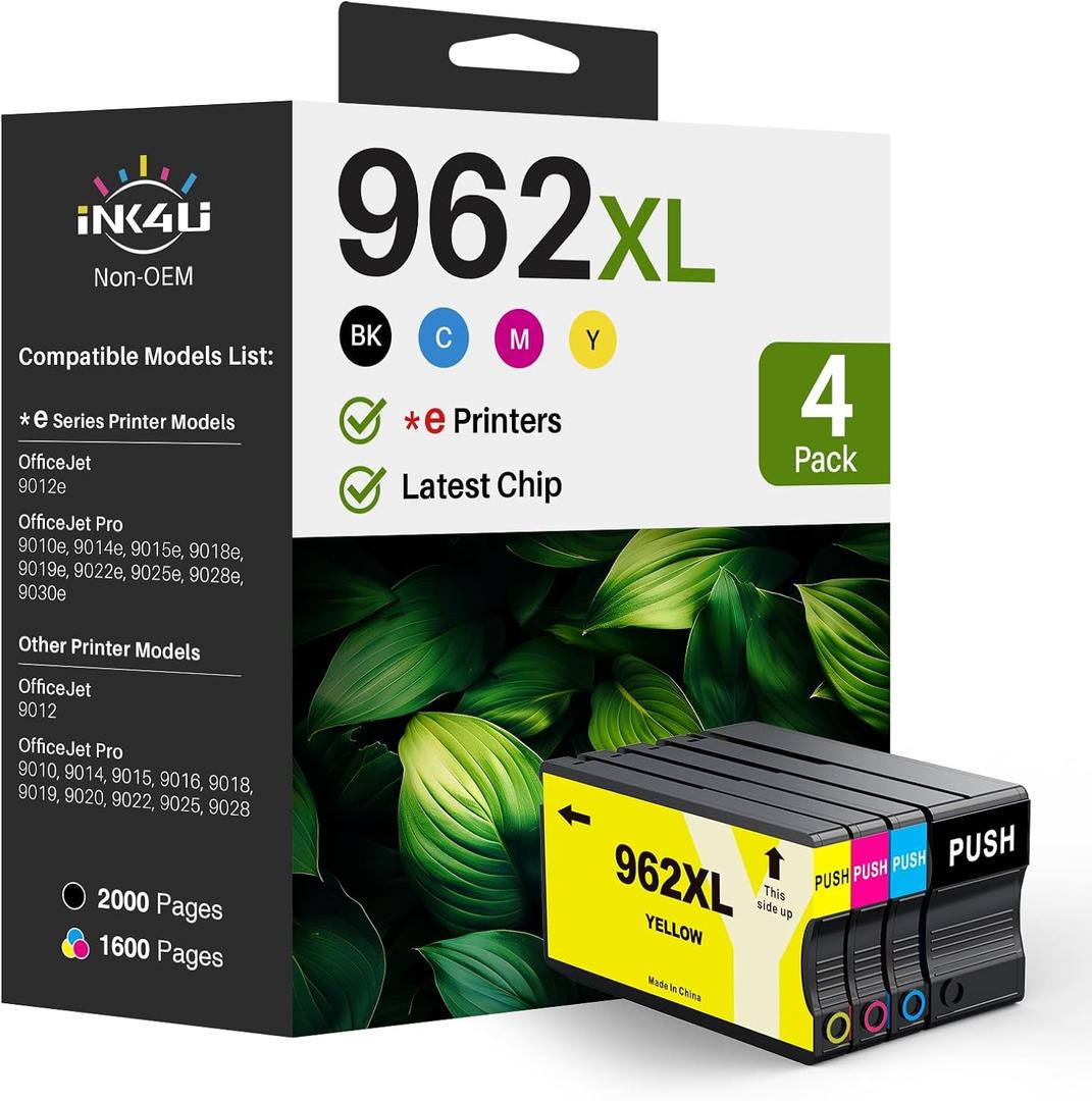 (Latest Chip) 962XL Ink Cartridges Combo Pack Remanufactured Replacement for HP 962XL 962 Ink Cartridges for HP OfficeJet Pro 9015e 9018e 9025e 9010 9015 9018 9020 9025 Printer (1BK/1C/1M/1Y, 4 Pack) (962-4P)