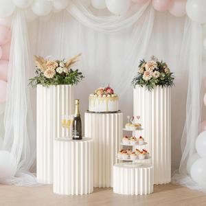5 Pack Cylinder Stands for Party, Foldable Cilindros Para Fiestas Redondos Blancos Cake Pedestal Stand With Acrylic Disc for Parties Birthday Wedding Pillars Display Decoratio（H31.5", 23.6", 15.7", 7.9"）