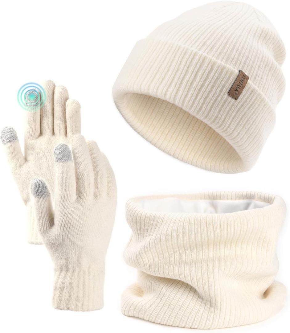 FURTALK Womens Winter Hat Scarf Gloves Set Knitted Thick Beanie Touchscreen Gloves Neck Warmer for Men Women (Beige)