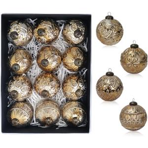 Retro Patterns Christmas Ball Ornaments - 12PCS, 3.15''/80mm Embossed Shatterproof Vintage Hanging Ball Decoration for Xmas Tree Holiday Decor (Antique Bronze)