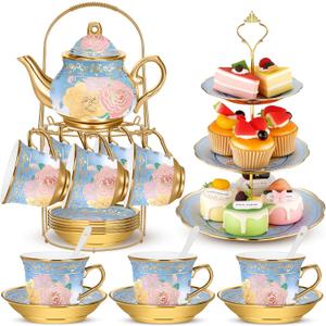 21 Pcs Ceramic Teapot Set Vintage Porcelain Tea Cups with Metal Holder and High Tier Cupcake Stand Saucers for Women Girls Farmhouse European Weddings Party Decor Gifts (Blue,Vivid)
