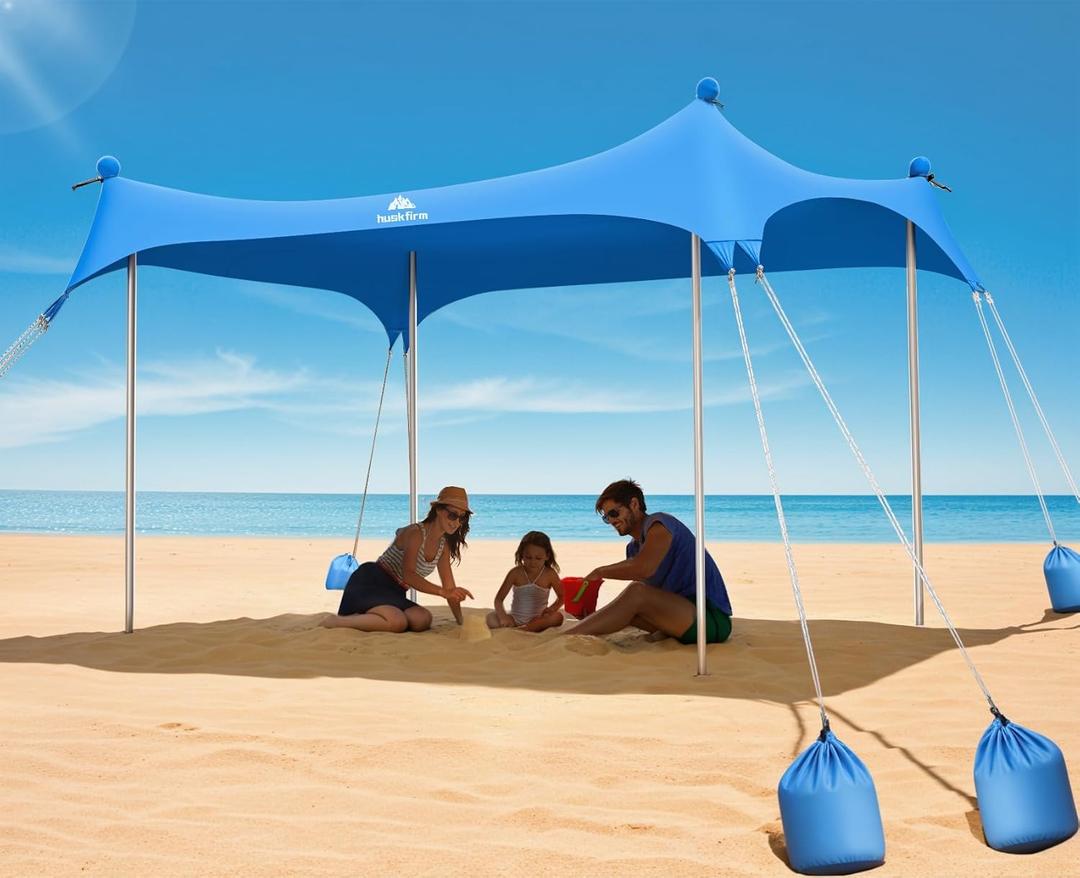 Beach Tent Sun Shelter 10 x 10 FT, UPF50+ Beach Canopy Tent Sun Shade, Beach Shade Canopy with 8 Sandbags 4 Aluminum Poles Carrying Bag and Sand Shovel, Tent for Beach Camping Fishing Picnics
