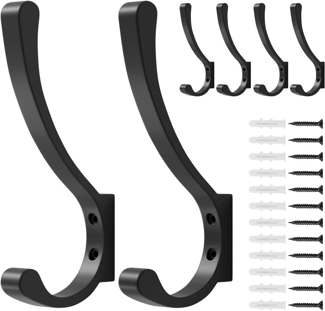 Coat Hanger Hooks Wall Mount - Backpack Hooks,Metal Wall Hooks For Hanging Heavy Duty, Screw In Hooks For Hanging Clothes, Black Coat Hooks For Wall, Purse Hanger For Wall, Wall Mounted Bag Hooks (6 Pack)