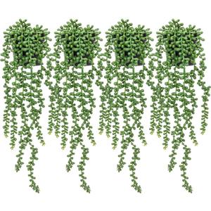 4 Pcs Artificial String of Pearls Plant in Black Pots Faux Realistic Succulents Fake Wall Hanging Planter Indoor for Greenery Shelf Desk Home Batchroom Farmhouse Garden Decorations