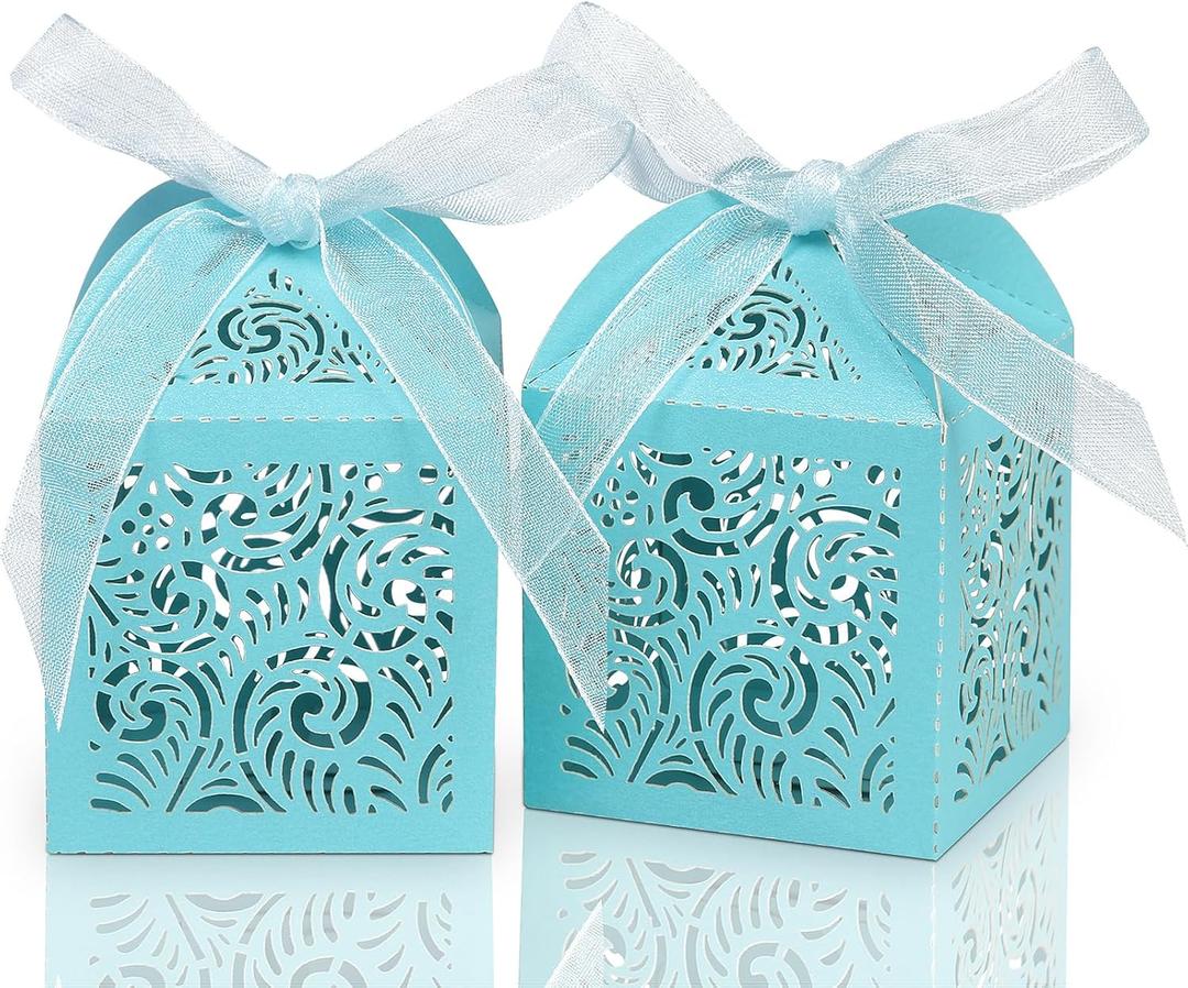 COTOPHER 100Pcs Laser Cut Favor Boxes, 2x2x2.75in Small Gift Boxes for Presents, Party Wedding Favors Boxes with Ribbon, Mini Candy Boxes for Event Bridal Shower Anniversary Birthday Christmas, Sky Blue
