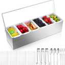 Mifoci 1 Pack Stainless Steel Chilled Condiment Server 6 Removable Slot Toppings Containers with Lid and Bottom Ice Bar Garnish Tray with 9 Silverwares 4 Ice Boxes for Christmas Party, Events and Bar, as shown in the picture