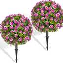 Faux Outdoor Plants - 18" Wide Set of 2 Artificial Boxwood Plants Outdoor, UV Resistant Artificial Topairy Ball Trees with Spike for Outdoor Decor (Purple Mum)