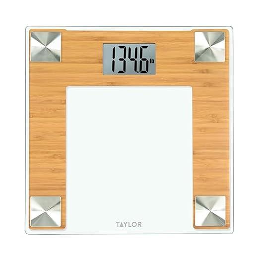 Taylor Digital Bathroom Body Weight Scale, Bathroom Scale with Durable Glass Platform, 400 lb Capacity, Natural Bamboo and Spun Stainless Steel Accents