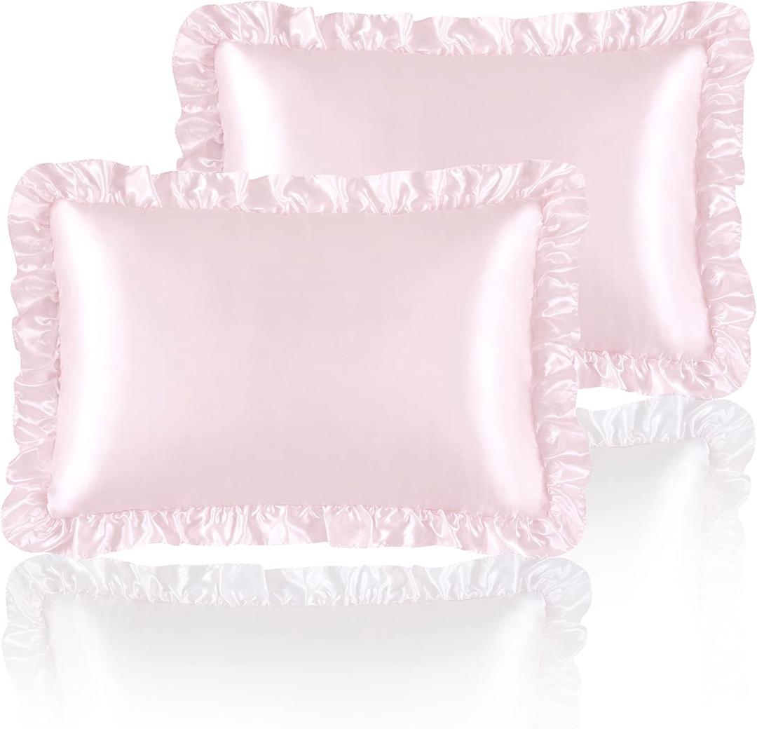 Silky Satin Ruffled Pillow Cases for Hair and Skin,Blush Pink Silk Pillowcases King Set of 2 with Envelope Closure Princess Room Decoration