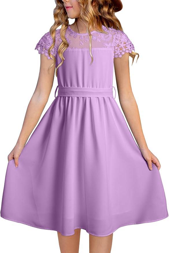 blibean Tween Girls Summer Dresses Kid Short Sleeve Lace Mesh Belted Flower Dress 2025 Party Semi Formal Elegant Fancy Wedding Gust Outfit Solid Casual Dressy Flare Clothes Size 3 Year Purple