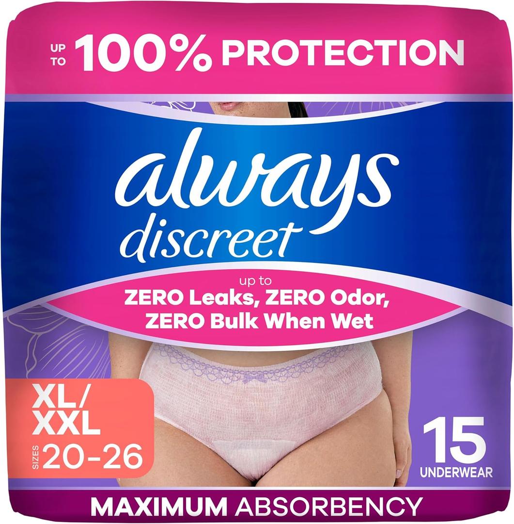 Always Discreet Adult Diapers for Women, Incontinence Underwear, Postpartum Essentials, Disposable Briefs, Max Absorbency, Bladder Leak Protection, Extra Large/XL, 15ct