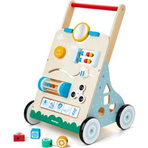 Wooden Baby Walker, 10 in 1 Baby Activity Center Walker Adjustable Wood Toddler Walker Push Walker Toy for Boys and Girls (BW001)