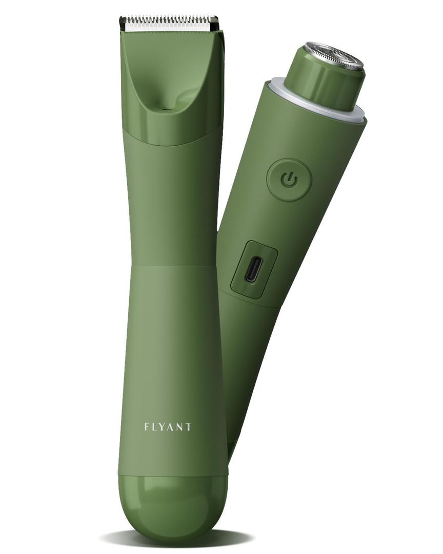 Bikini Trimmer for Women, Flyant 2 in 1 Electric Shaver for Women, Pubic Hair Trimmer Waterproof IPX7 with LED, Bikini Razor for Leg Arm Underarm Bikini Area, Christmas Gifts for Her - Dark Green