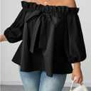 OYOANGLE Women's Plus Size Off Shoulder Blouse Bow Tops Lantern Sleeve Frill Trim Flared Shirts, 4XL
