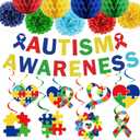 Autism Awareness Month Party Decorations Autism Awareness Puzzle Piece Glitter Banners Hanging Swirls Paper Pom Poms Honeycomb for April Love Needs No Word Themed Decor Supplies