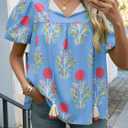 Cicy Bell Womens Boho Floral Blouses Puff Sleeve V Neck Babydoll Shirts (S)