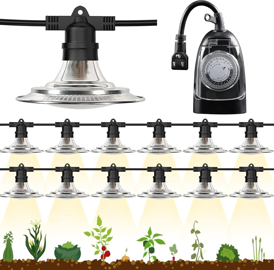 Espird 12-Light LED Grow Lights Plant Growing Lamps with Timer, Outdoor Waterproof String Grow Lights for Greenhouse, Full Spectrum Grow Light for Seeding Veg Flowers