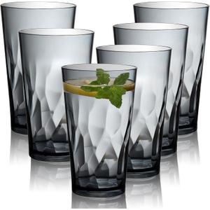 JGIRL Unbreakable Plastic Drinking Glasses, Set of 6, Shatterproof Drinking Cups, Plastic glass cup,16 oz plastic Tumbler Cups,Dishwasher Safe (Grey)