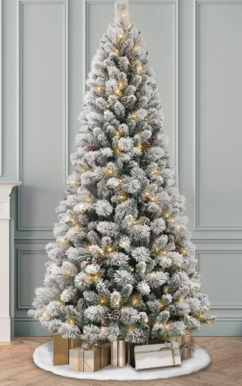 SHareconn 7.5ft Prelit Snow Flocked Spruce Artificial Christmas Tree with 350 Incandescent Warm White Lights, Foldable Stand, Snow Flocked Full Prelighted Xmas Tree W/1170 Branch Tips, 7.5 FT, White