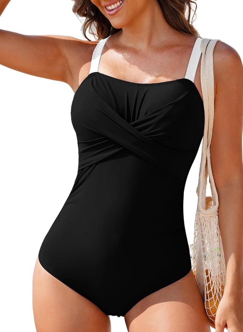 Aleumdr Women's One Piece Swimsuit Tummy Control Bathing Suit Crisscross Retro Ruched Push Up Swimwear (Black White) S