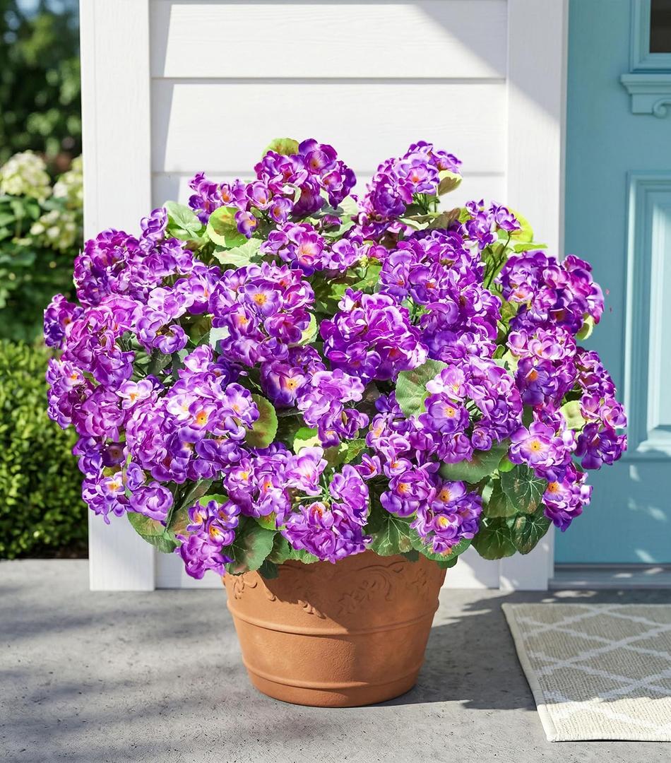 Fake Geraniums Artificial Flowers for Outdoors Outside, 6 Bundles Purple Silk Geraniums Fake Flowers Plants Realistic UV Resistant Faux Flowers for Outdoor Planters Garden Balcony Yard Porch Indoor