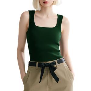 Women's Sleeveless Stretch Tank Top, Square Neck Fashion Basic Fitted Shirt for Casual Wear, Soft and Comfortable, Large, Dark Green