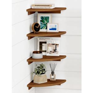 Forbena Walnut Brown Floating Corner Shelves for Wall 4-Pack, Small Corner Wall Shelves for Kids Room, Cute Wooden Hanging Corner Shelf for Bedroom Bathroom Decor, Living Room, Small Spaces (10" Depth)