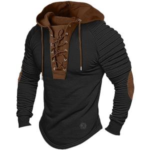Men's Henley Shirt Hooded Long Sleeve Lace Up Vintage Solid Casual T-shirt Tactical Patchwork Western Tee Sports (X-Large, Black)