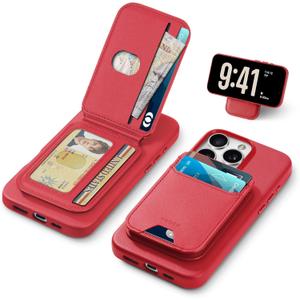 TUCCH PU Leather Case for iPhone 16 Pro Max with Detachable Magnetic Wallet Stand with [5 Card Holders] [RFID Blocking] [Wireless Charging], Slim Anti-Slip Cover for iPhone 16 Pro Max, Raspberry Red