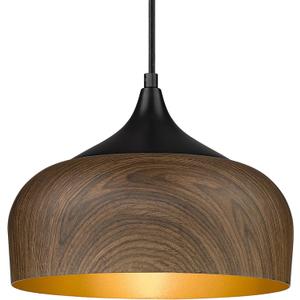 ELYONA Modern Pendant Light Walnut Wooden Pattern Dome Pendant Light Fixture Matte Black Metal Gold Inner Finish Adjustable Hanging Lighting for Kitchen Island Dining Room Office Hallway Foyer Bedroom
