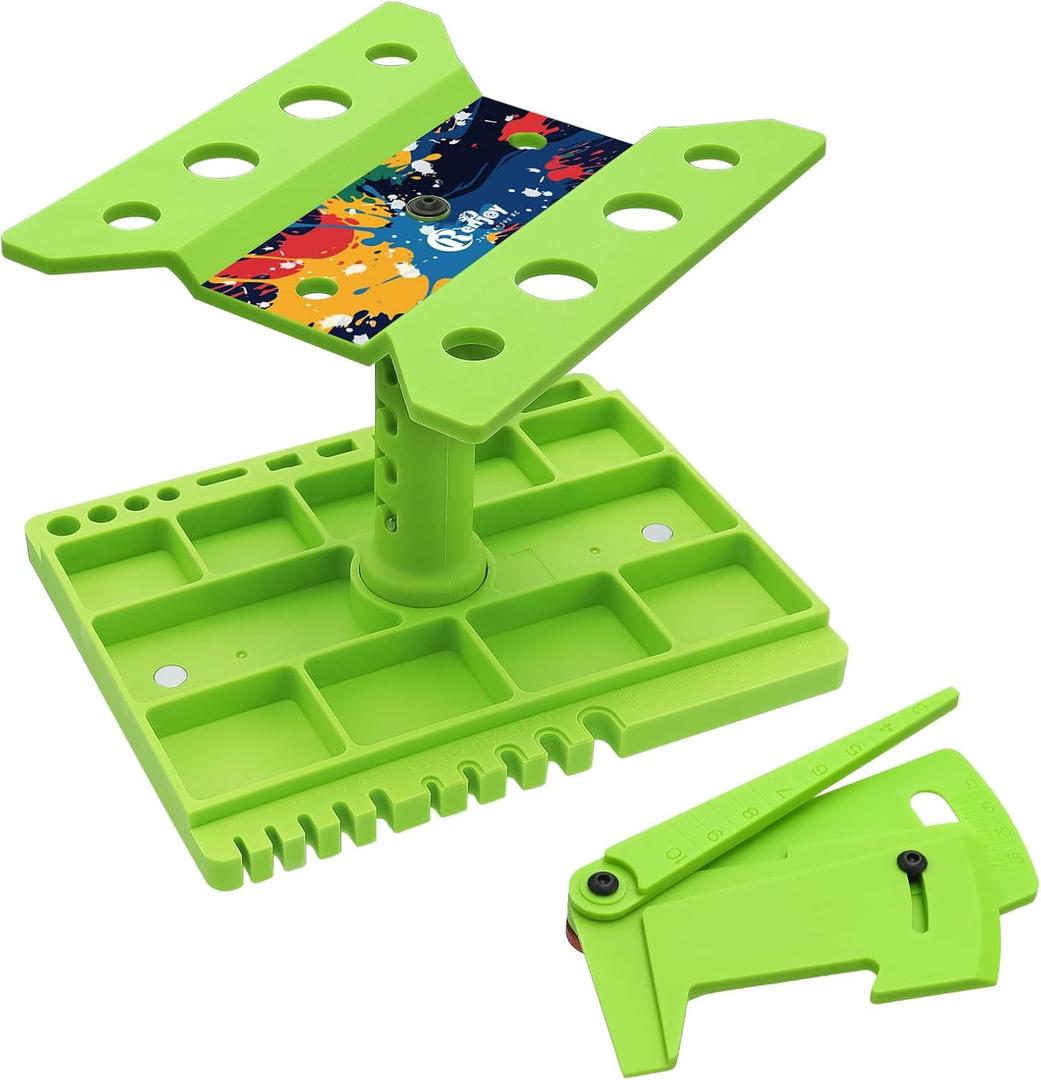 RC Car Work Stand Repair Workstation 360 Degree Rotation Stand with RC Car Ride Height Gauge for Traxxas TRX4 Axial Arrma Redcat Losi 1/10 1/12 1/14 1/16 1/18 Remote Control Car Tool Set, Green
