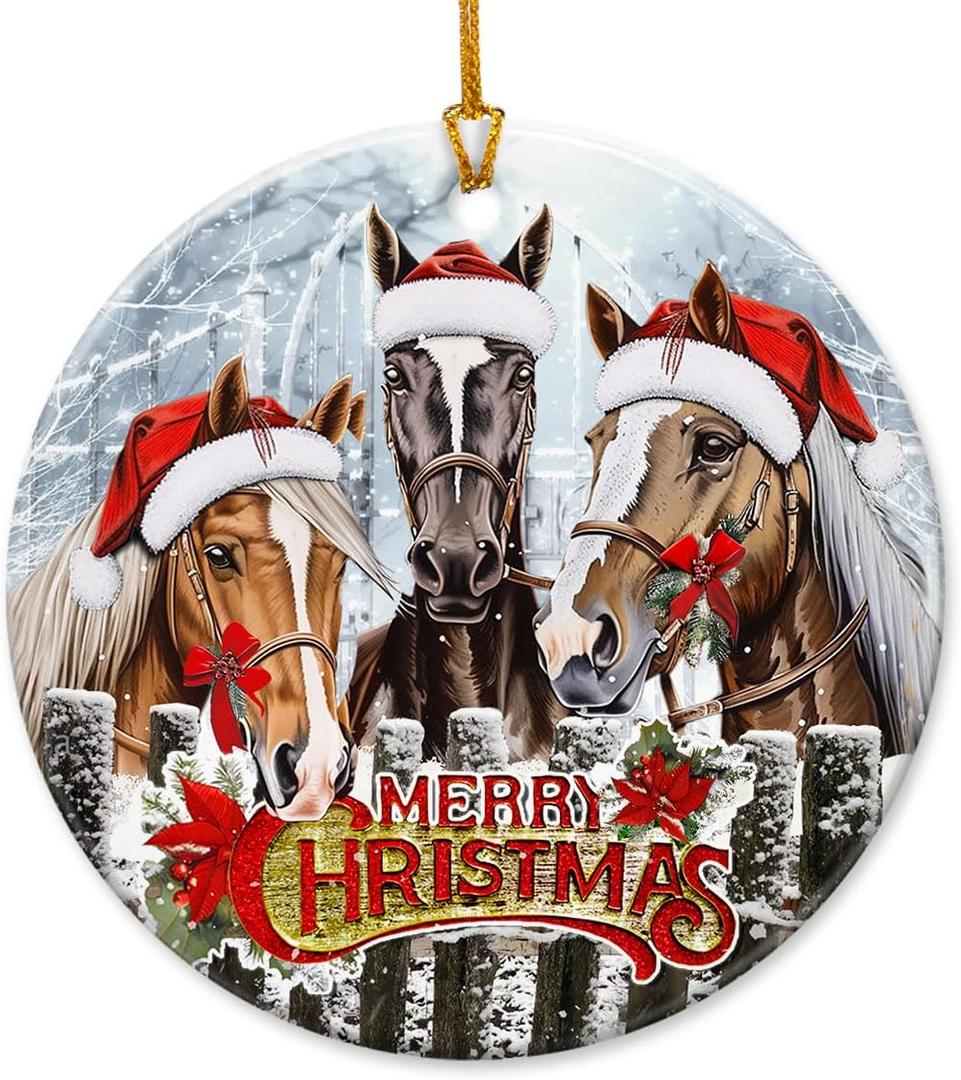 3 x VeryHomy 2025 Farmhouse Horse Ornaments for Christmas Tree | Double Sided Ceramic Horse Ornament, Gifts for Horse Lovers, Farm Animal Ornaments for Xmas Decorations, Horse Lover Gifts for Women Girls